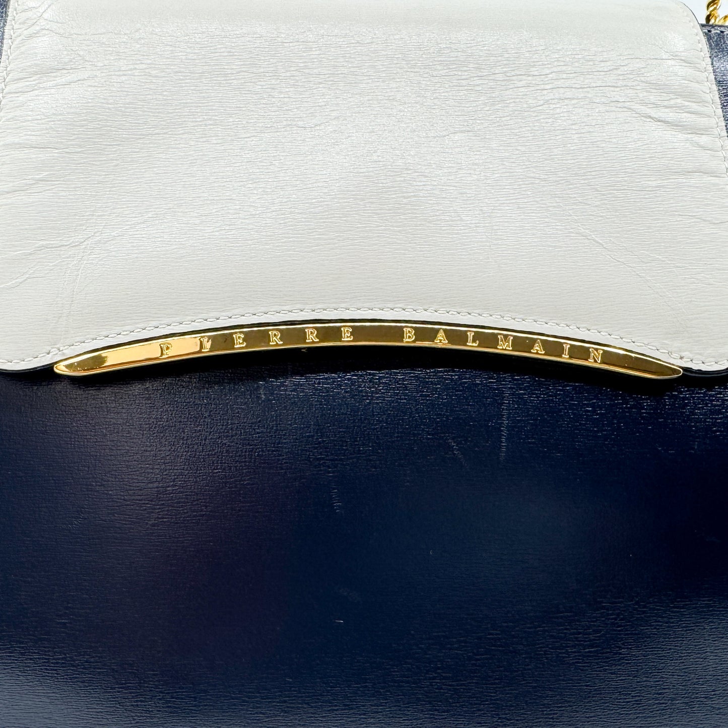 Pierre Balmain Paris 80s Vintage Blue Black Cream Flap Leather Top Handle Bag