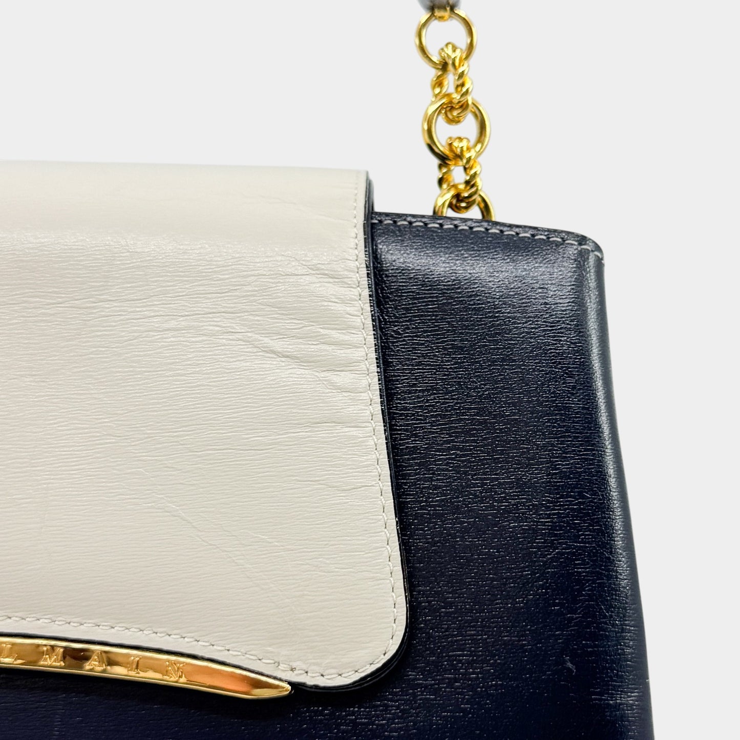 Pierre Balmain Paris 80s Vintage Blue Black Cream Flap Leather Top Handle Bag