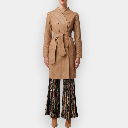 Once Was Beige Wheat Leather Leighton Herringbone Coat 1 ~ AU8-10