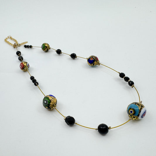 Ophelia Black & Green Blue Murano Glass Beaded Necklace
