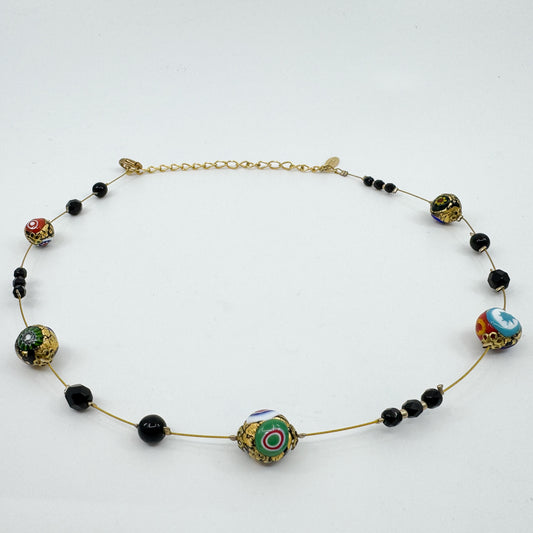 Ophelia Black & Green Blue Murano Glass Beaded Necklace