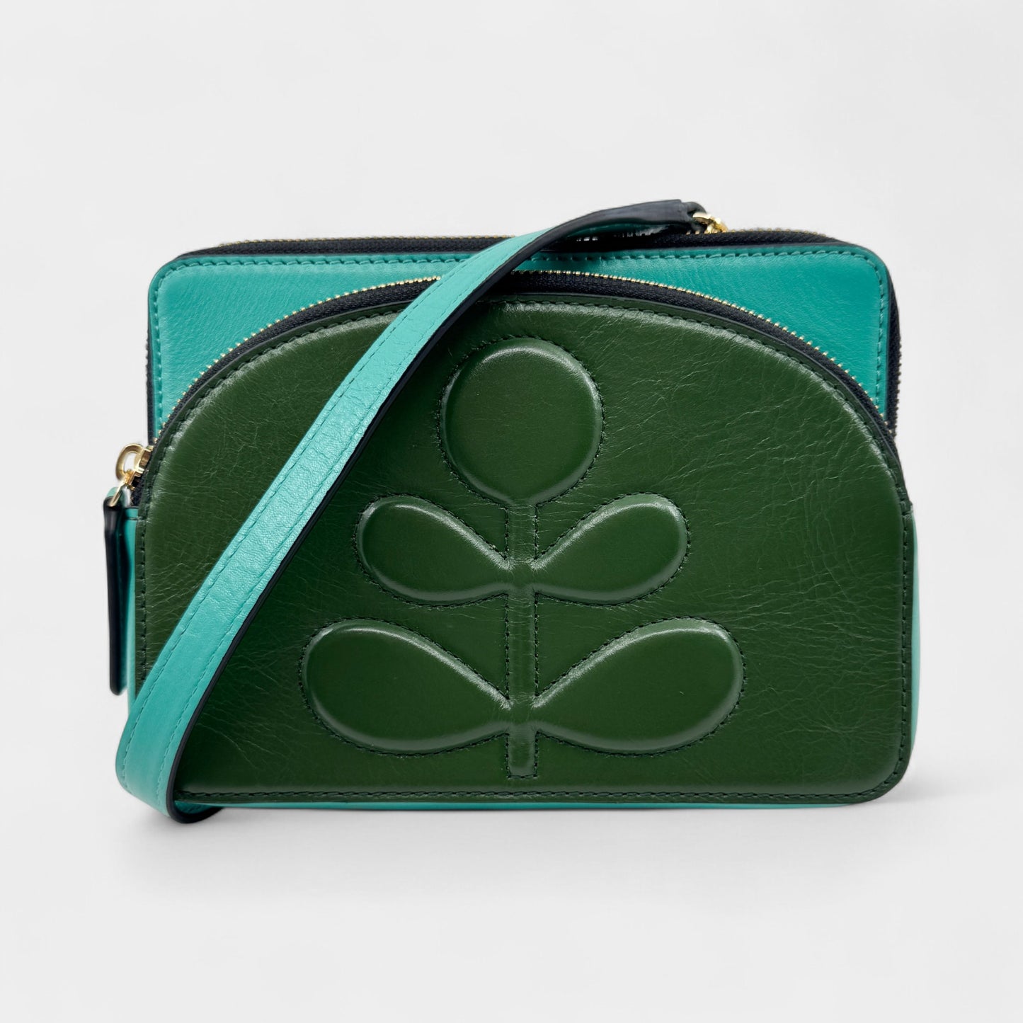 Orla Kiely Portia East Turquoise Green Leather Embossed Stem Crossbody Bag