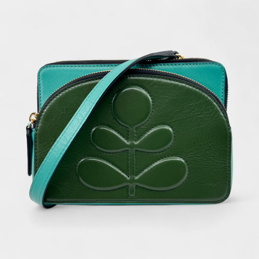Orla Kiely Portia East Turquoise Green Leather Embossed Stem Crossbody Bag