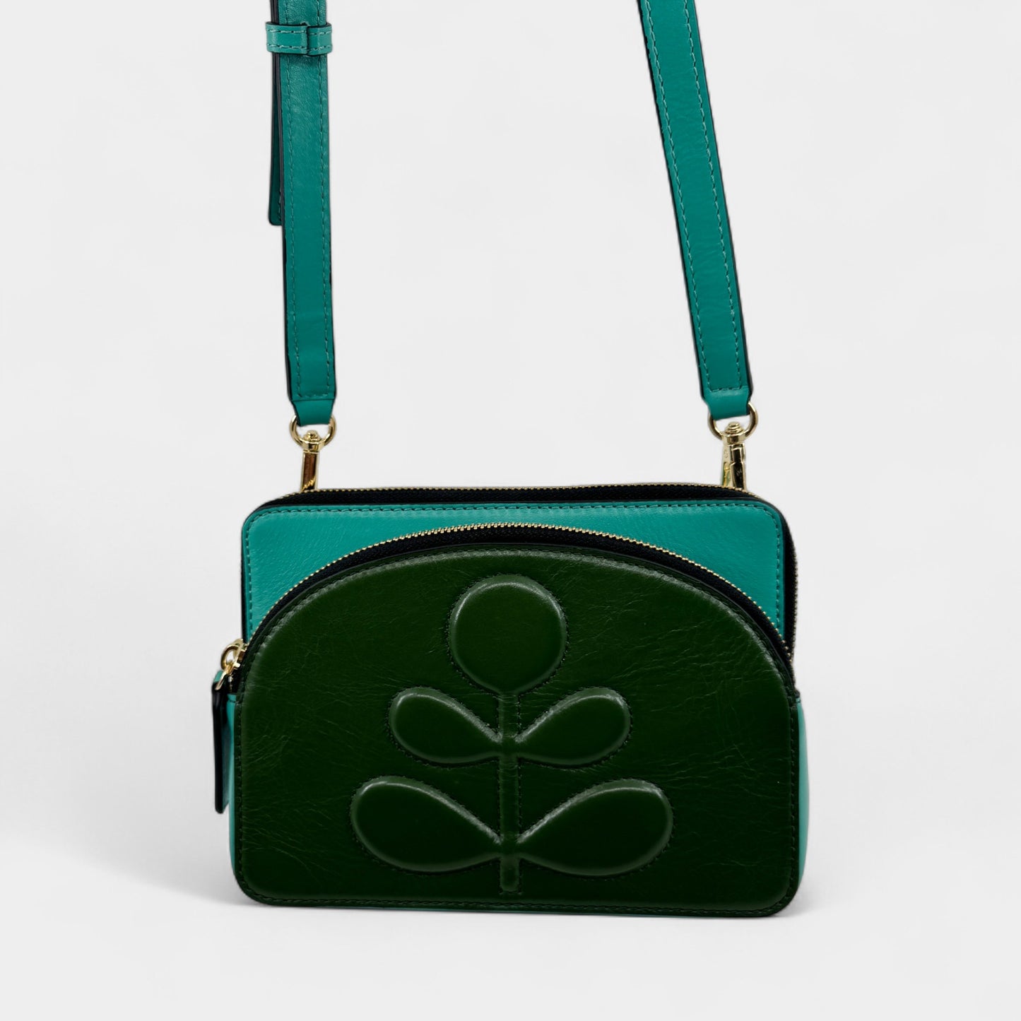 Orla Kiely Portia East Turquoise Green Leather Embossed Stem Crossbody Bag
