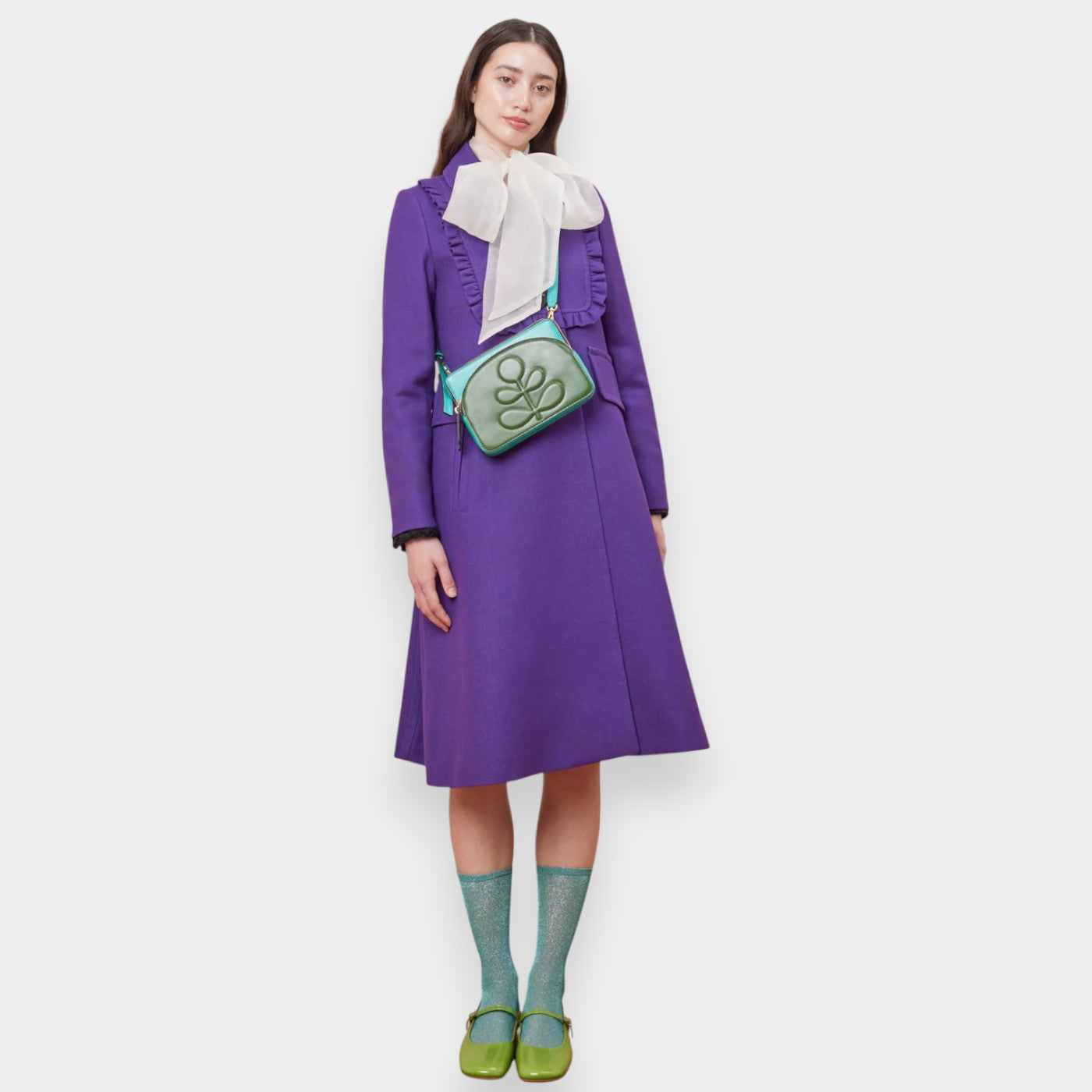 Orla Kiely Portia East Turquoise Green Leather Embossed Stem Crossbody Bag