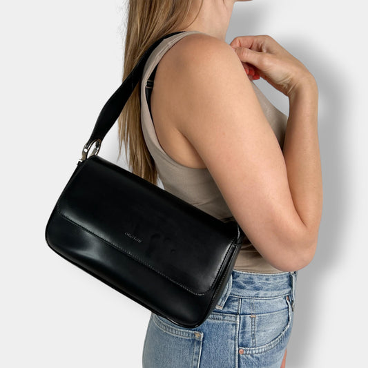 Oroton Black Leather Fold Over Flap Shoulder Bag