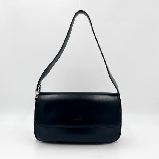 Oroton Black Leather Fold Over Flap Shoulder Bag