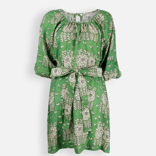 Oroton Green Floral Puff Sleeved Linen Blend Short Belted Dress AU14 ~ Large