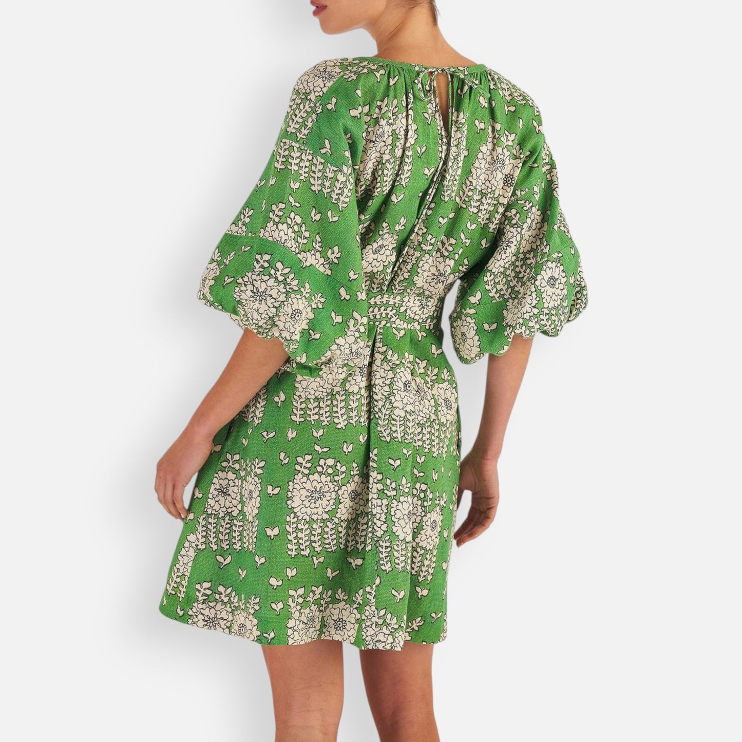 Oroton Green Floral Puff Sleeved Linen Blend Short Belted Dress AU14 ~ Large