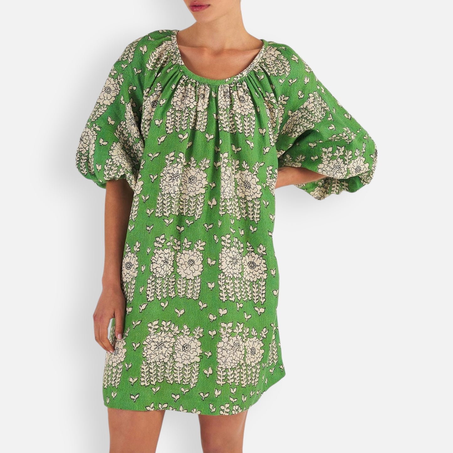 Oroton Green Floral Puff Sleeved Linen Blend Short Belted Dress AU14 ~ Large