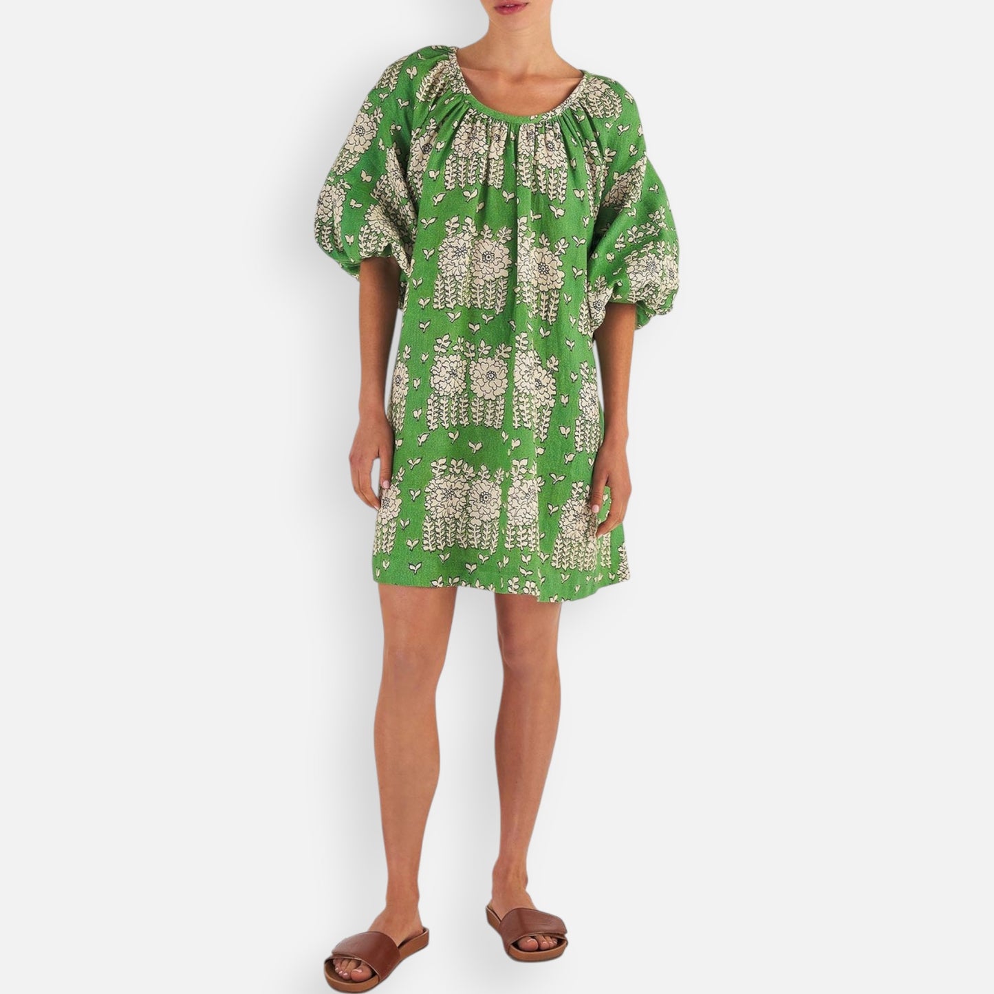 Oroton Green Floral Puff Sleeved Linen Blend Short Belted Dress AU14 ~ Large