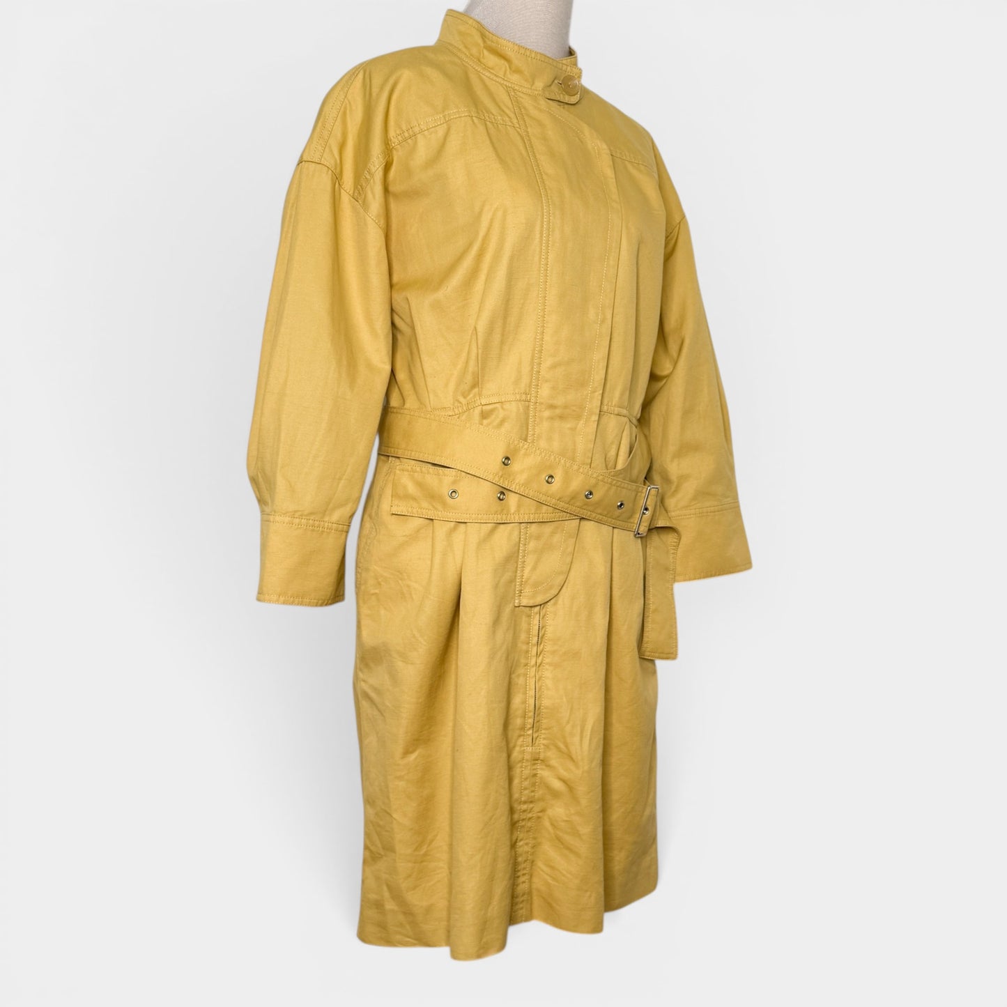 Oroton Yellow Cotton Linen Long Sleeve Belted Dress AU14