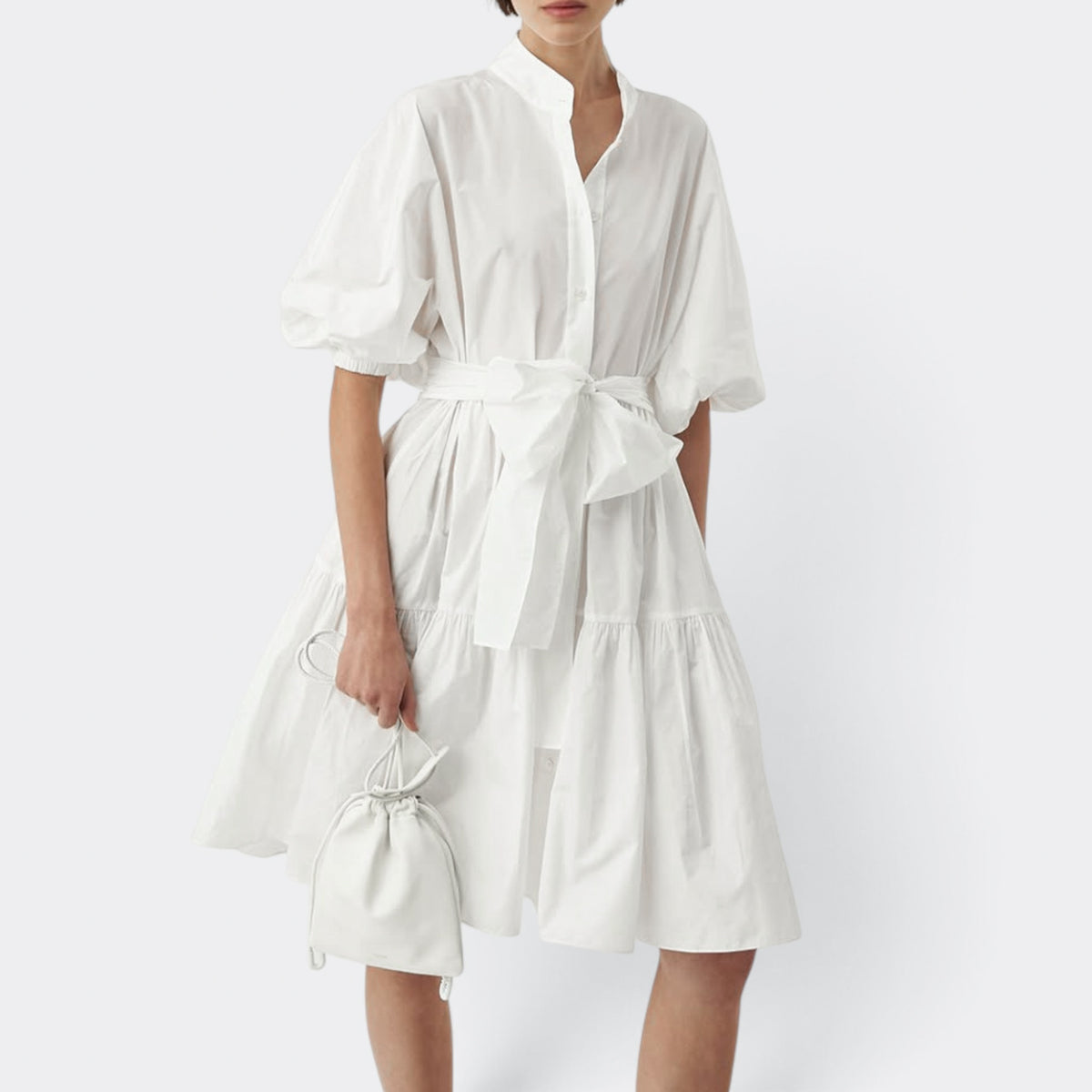 Oroton White Tiered Belted Puff Sleeve Dress AU10