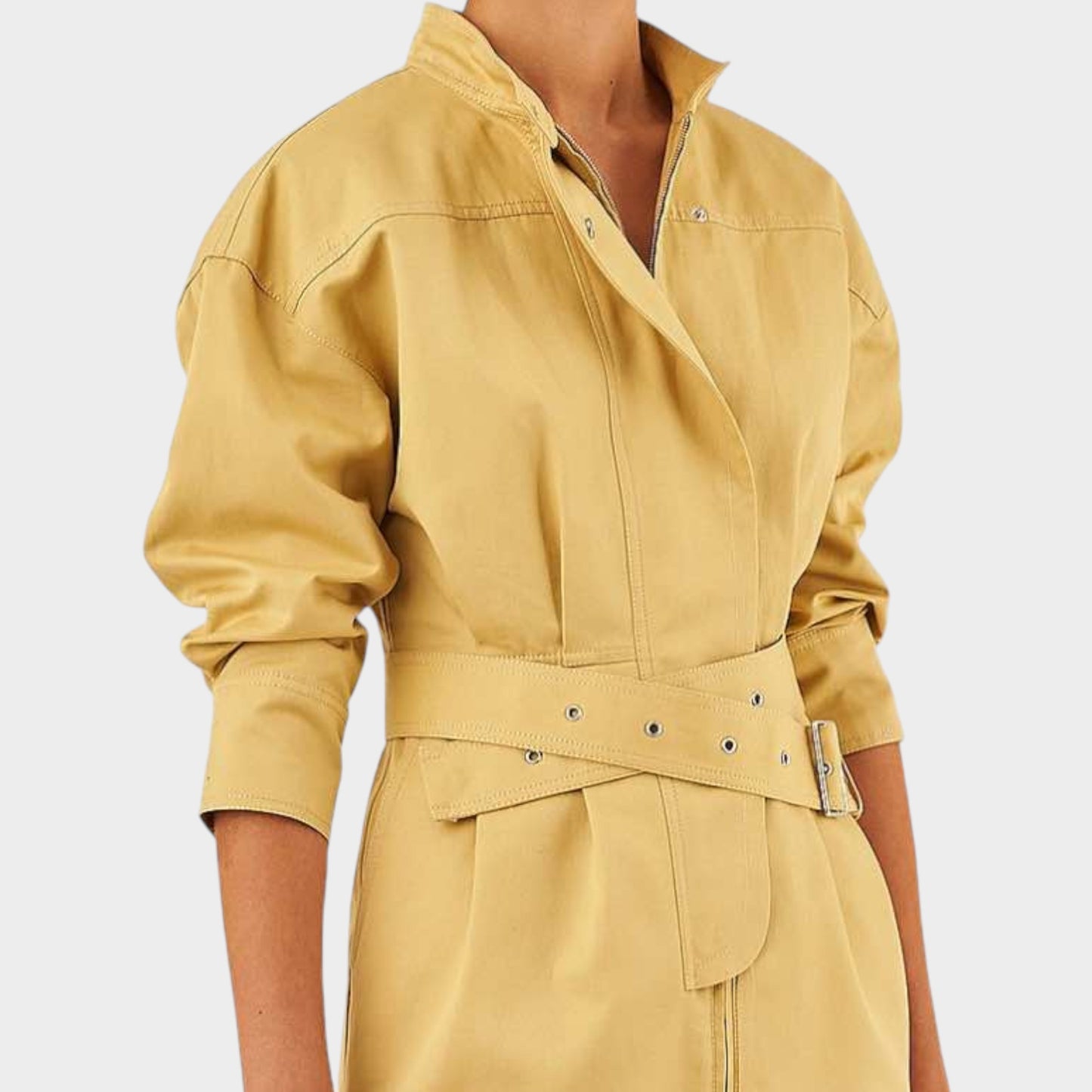 Oroton Yellow Cotton Linen Long Sleeve Belted Dress AU14
