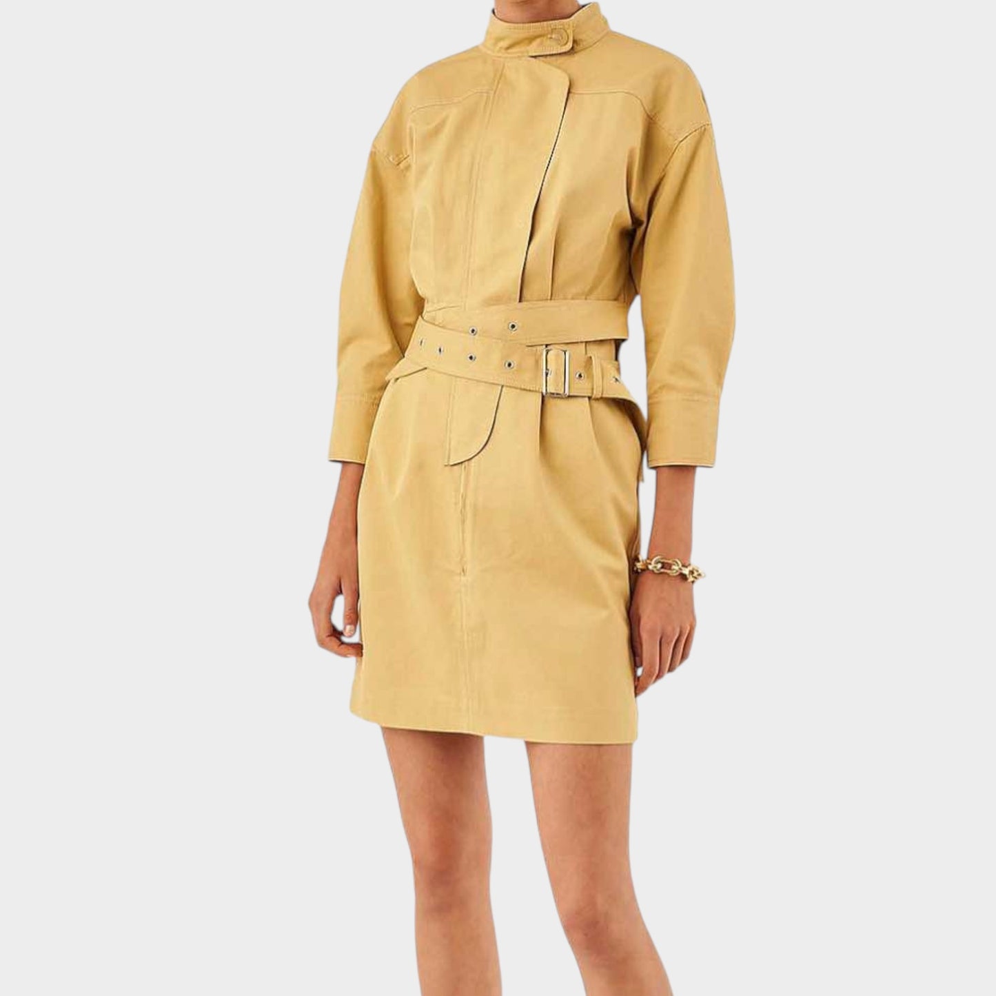 Oroton Yellow Cotton Linen Long Sleeve Belted Dress AU14