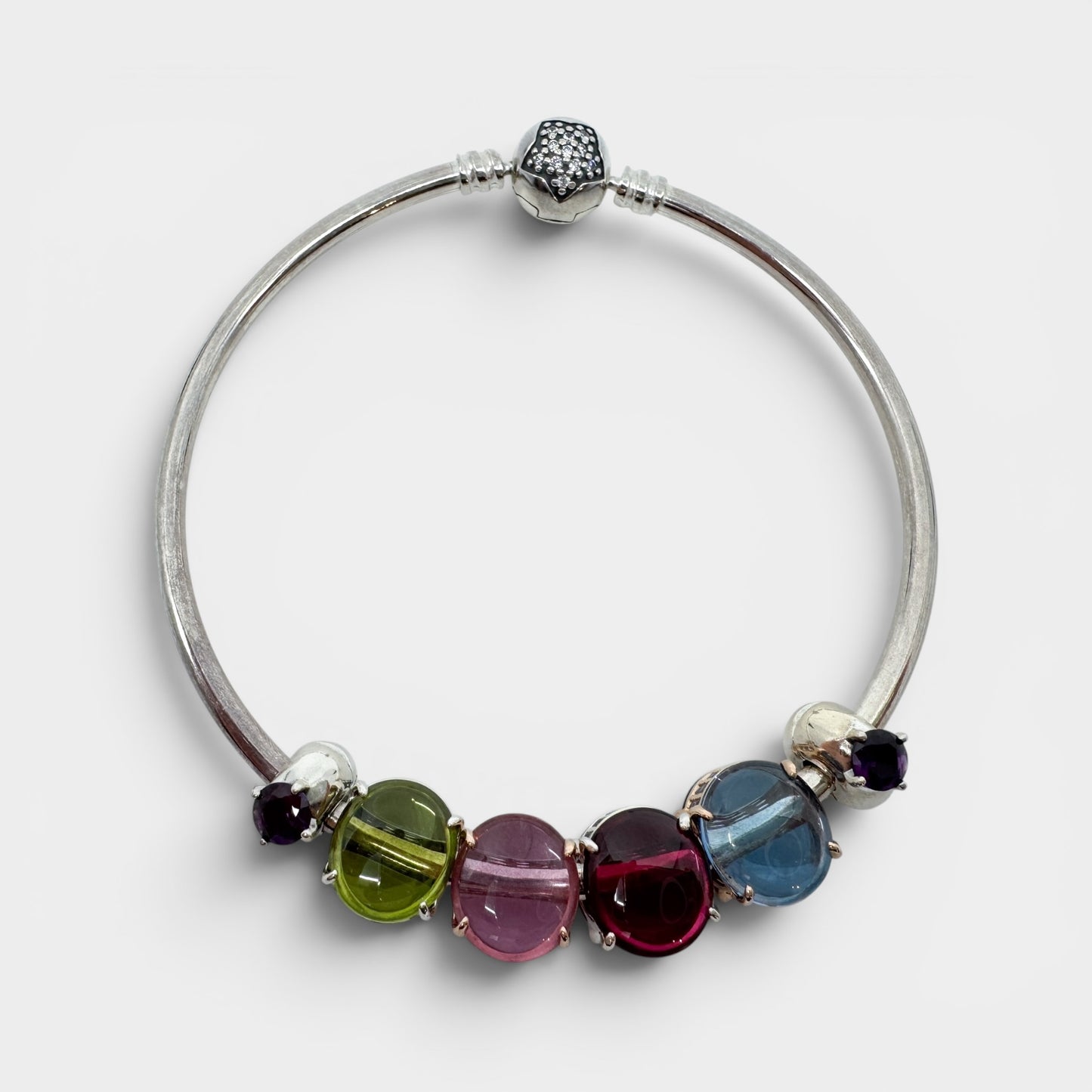 Pandora Multicoloured Glass Charms Silver Bangle Bracelet Medium ~ Large