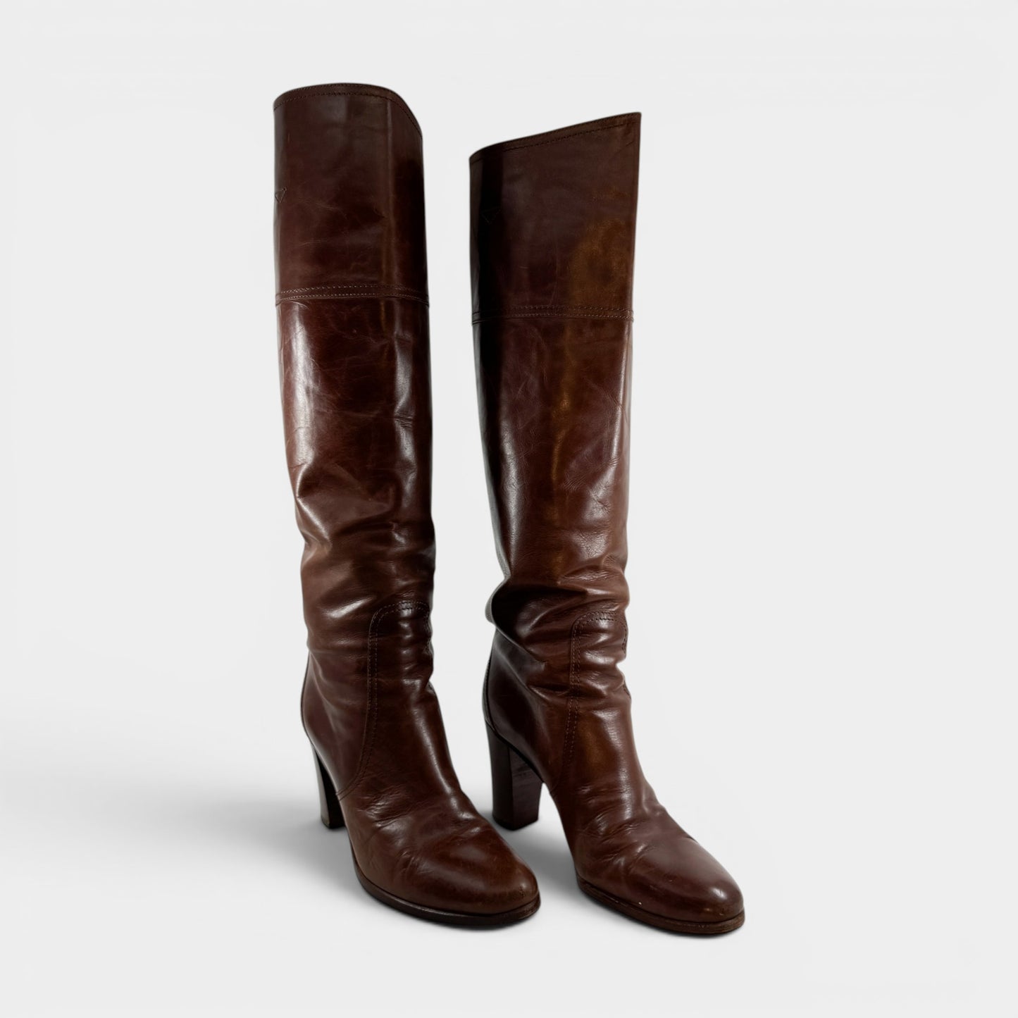Pellico Mid Brown Leather Knee High Pull On Heeled Boots EU38.5 ~ AU7