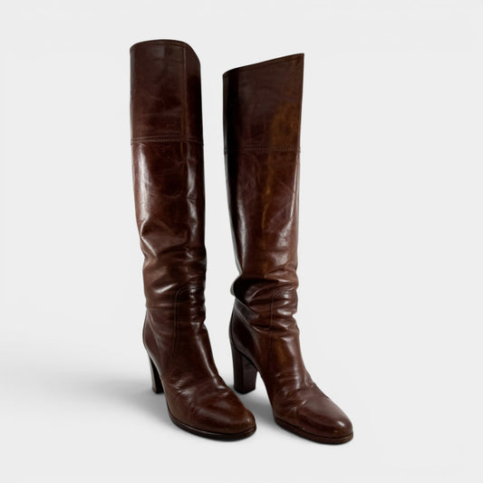Pellico Mid Brown Leather Knee High Pull On Heeled Boots EU38.5 ~ AU7