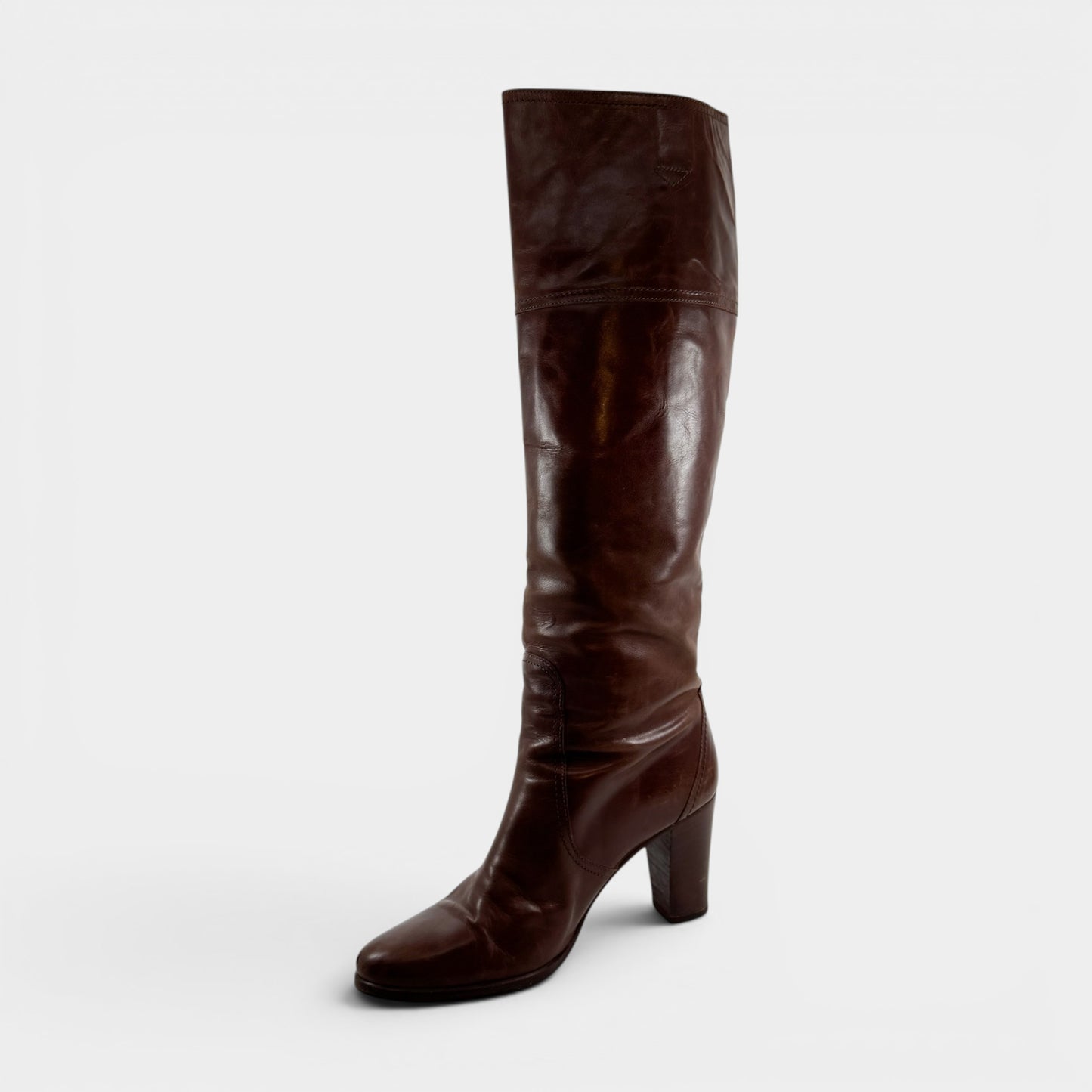 Pellico Mid Brown Leather Knee High Pull On Heeled Boots EU38.5 ~ AU7