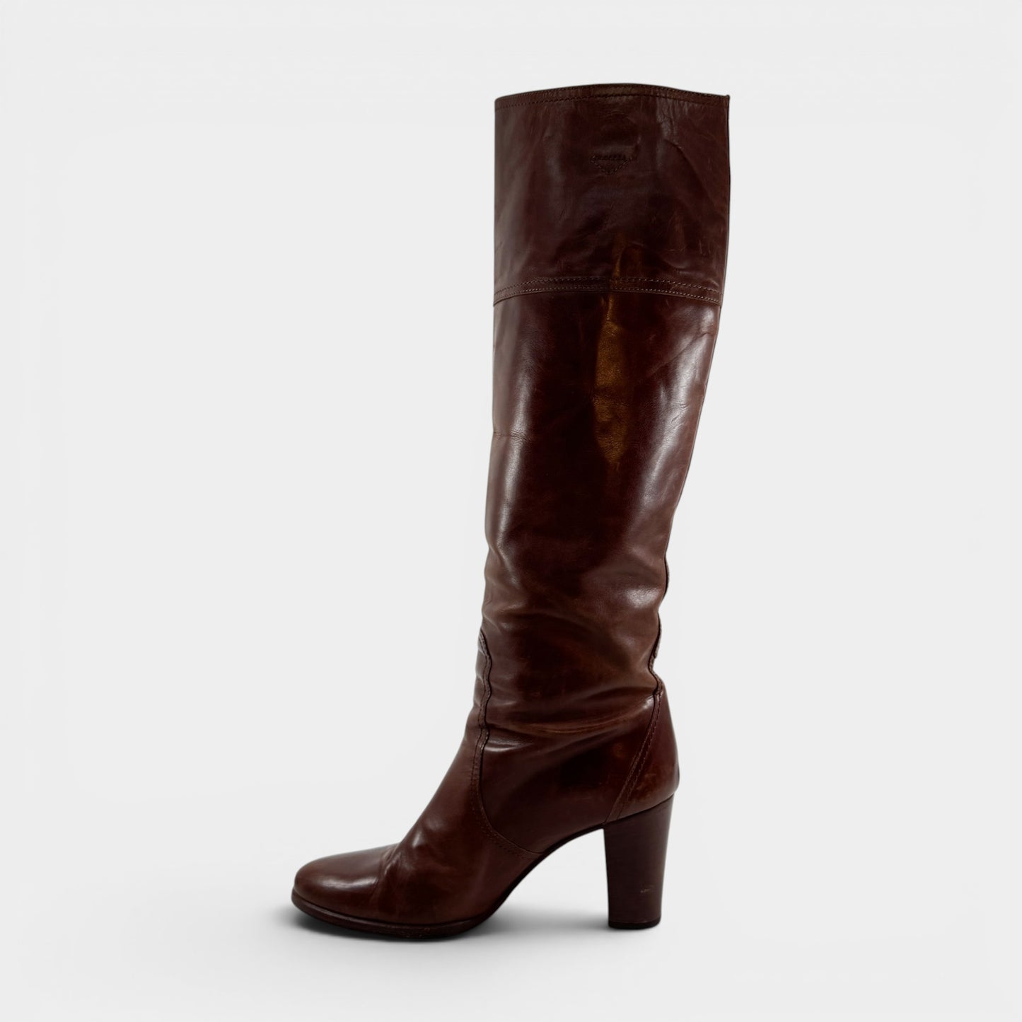 Pellico Mid Brown Leather Knee High Pull On Heeled Boots EU38.5 ~ AU7