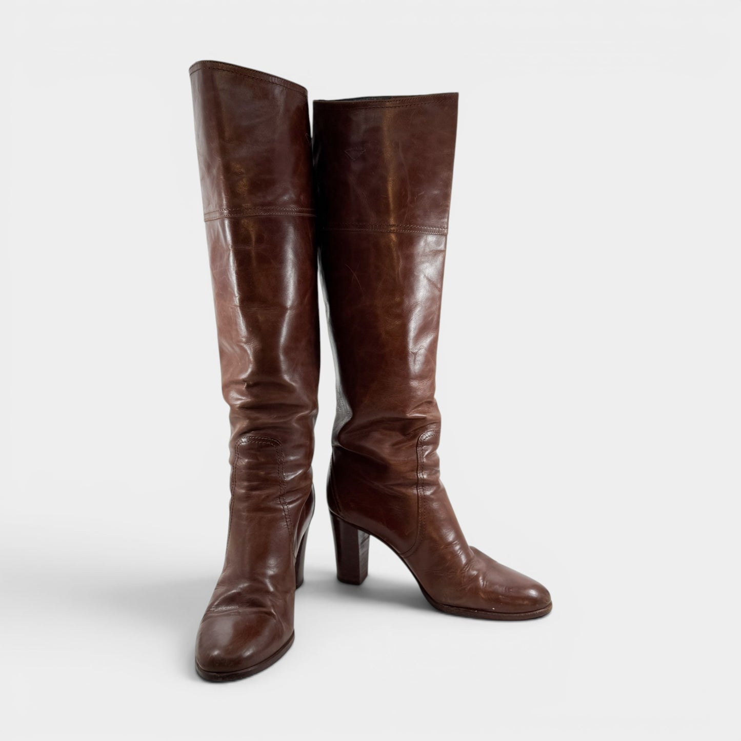 Pellico Mid Brown Leather Knee High Pull On Heeled Boots EU38.5 ~ AU7