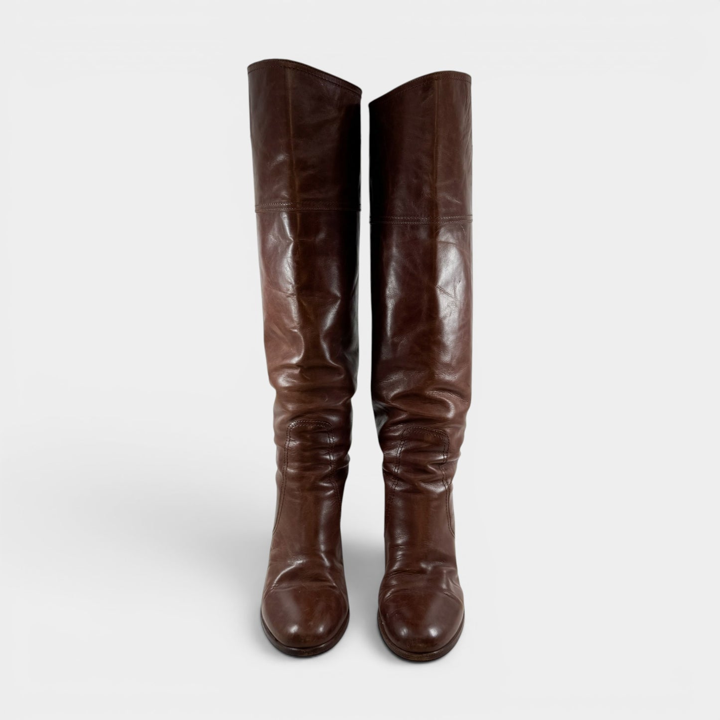 Pellico Mid Brown Leather Knee High Pull On Heeled Boots EU38.5 ~ AU7