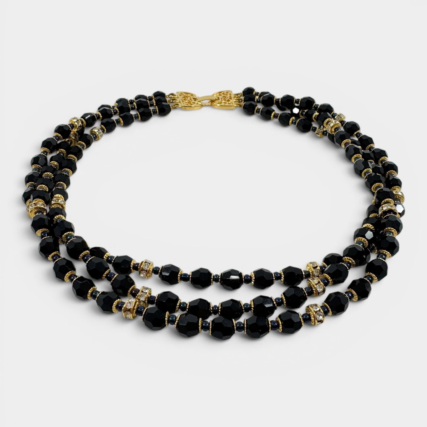 Pierre Balmain Black Crystal Gold Tone Beaded Triple Strand Necklace [Vintage]