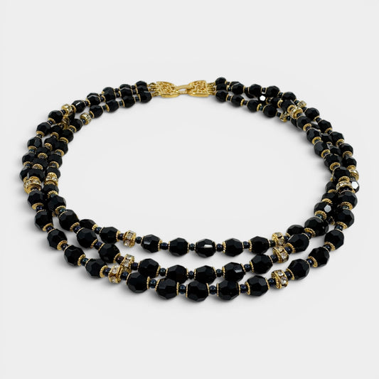 Pierre Balmain Black Crystal Gold Tone Beaded Triple Strand Necklace [Vintage]