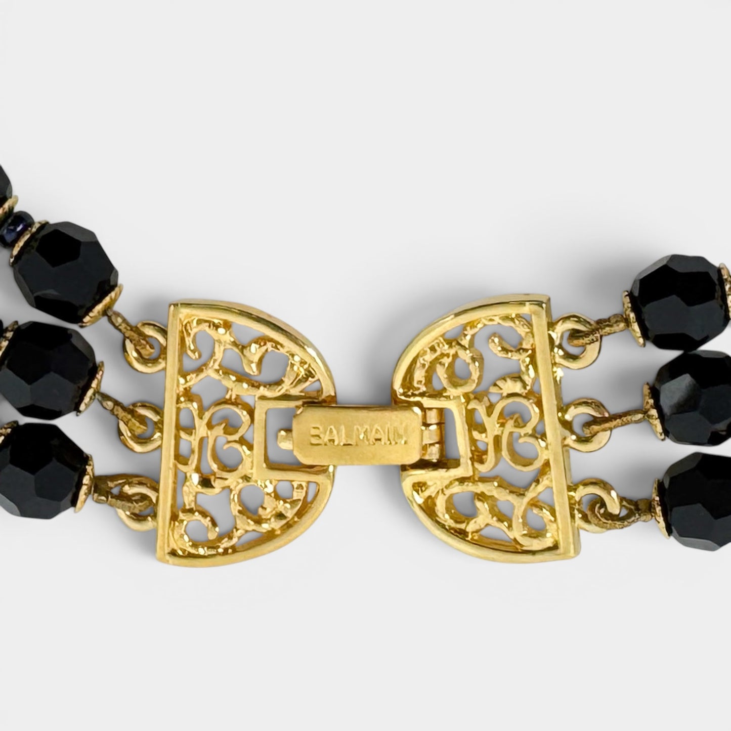 Pierre Balmain Black Crystal Gold Tone Beaded Triple Strand Necklace [Vintage]