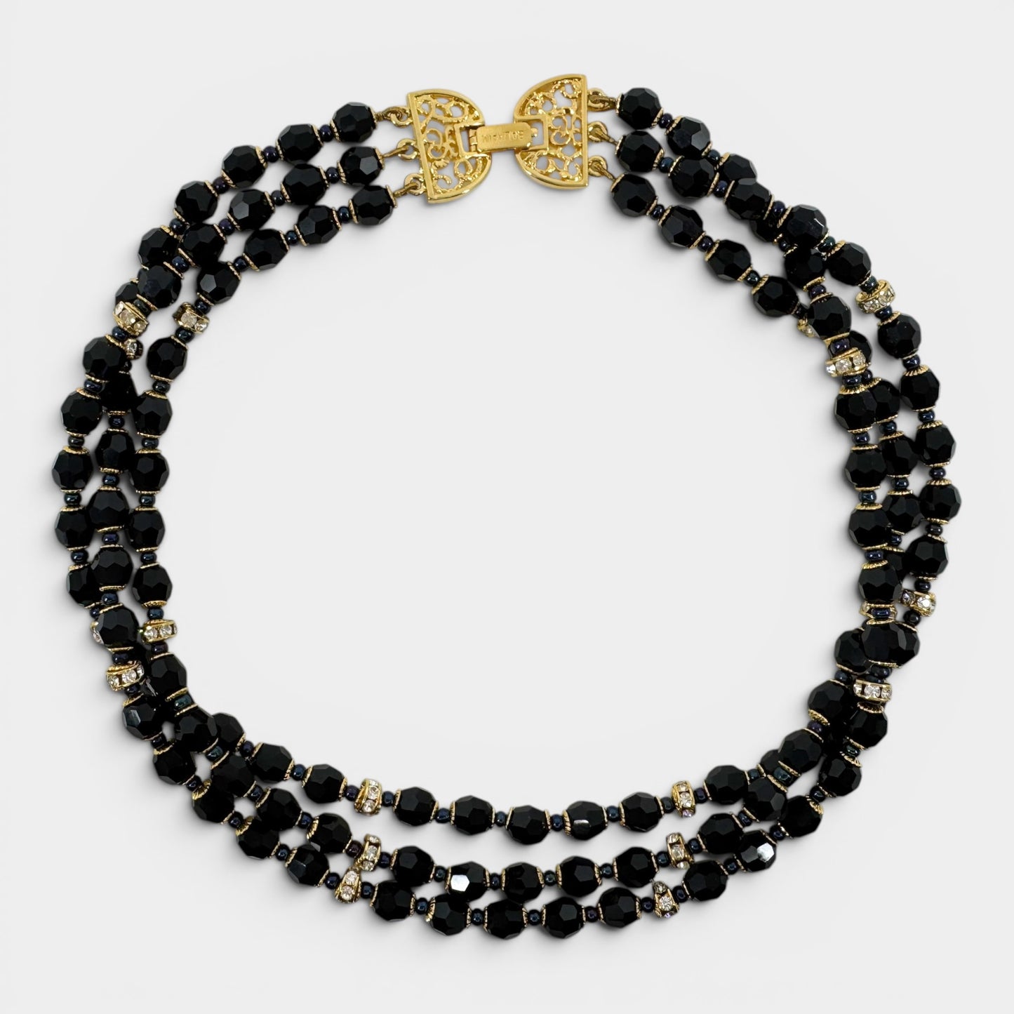 Pierre Balmain Black Crystal Gold Tone Beaded Triple Strand Necklace [Vintage]