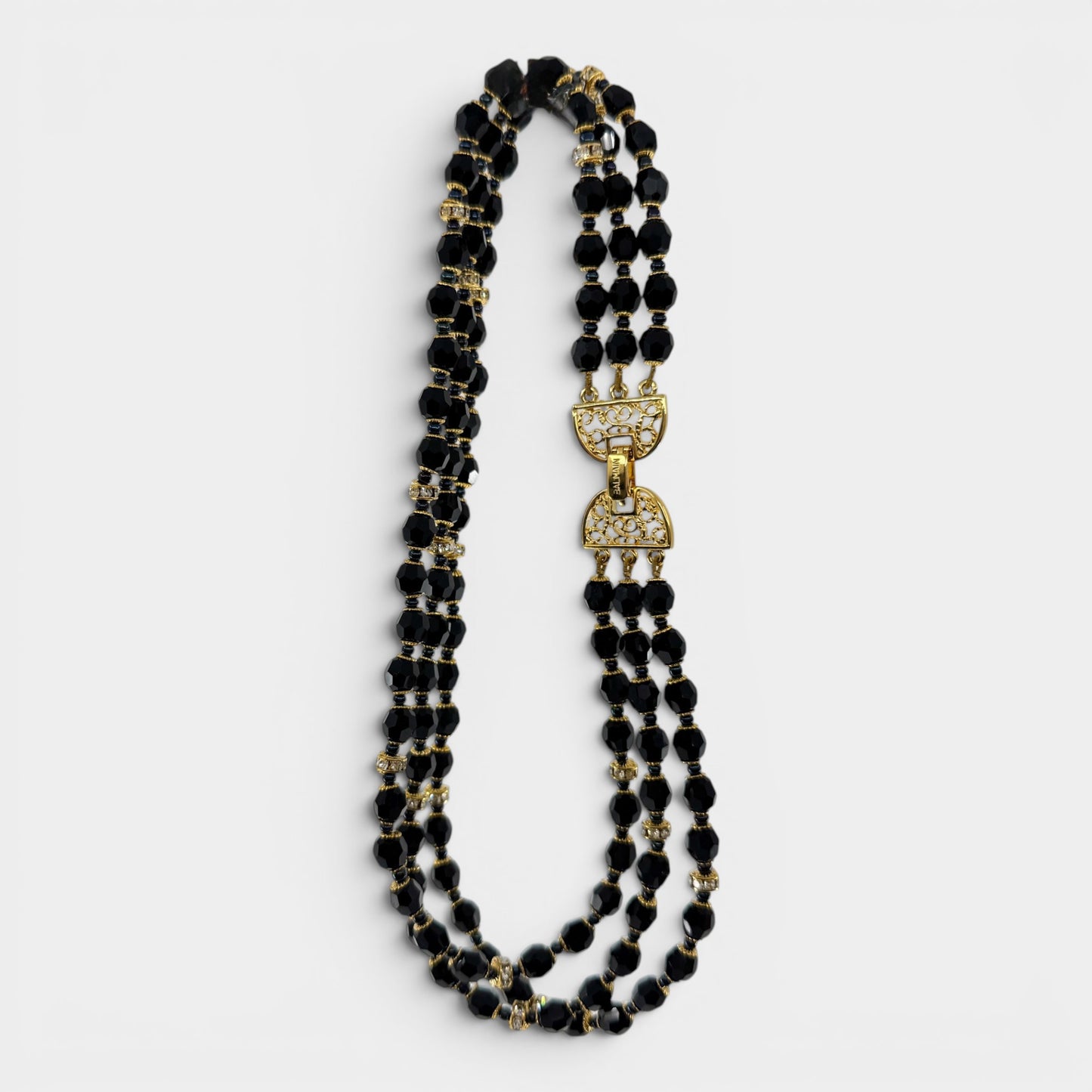 Pierre Balmain Black Crystal Gold Tone Beaded Triple Strand Necklace [Vintage]