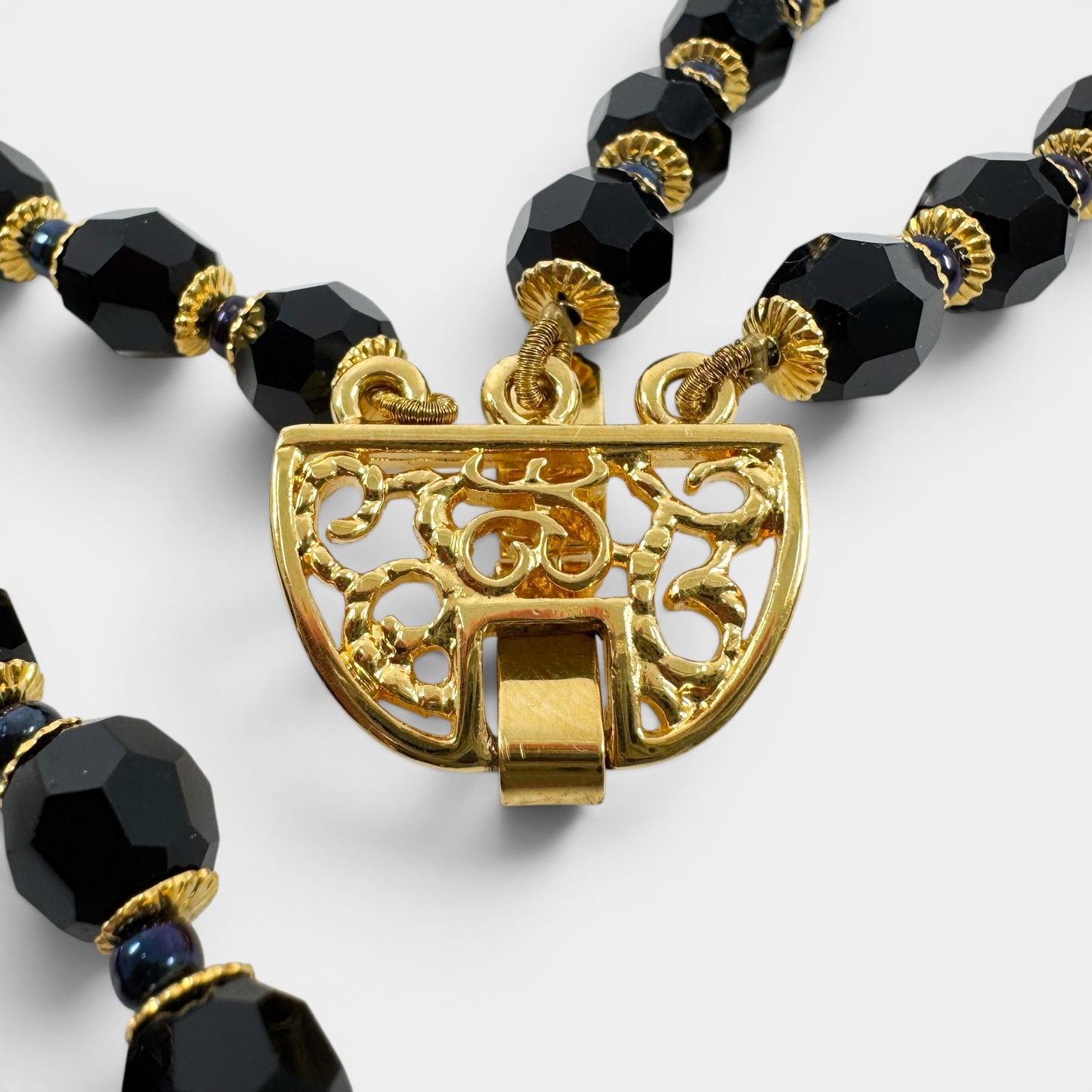 Pierre Balmain Black Crystal Gold Tone Beaded Triple Strand Necklace [Vintage]