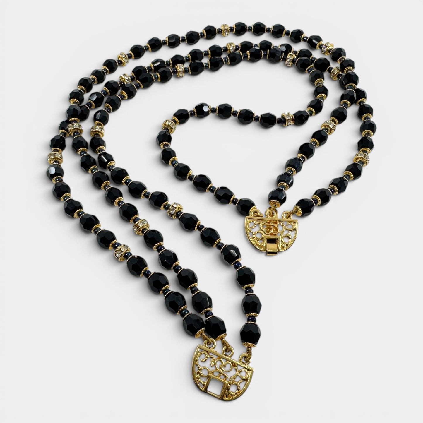 Pierre Balmain Black Crystal Gold Tone Beaded Triple Strand Necklace [Vintage]