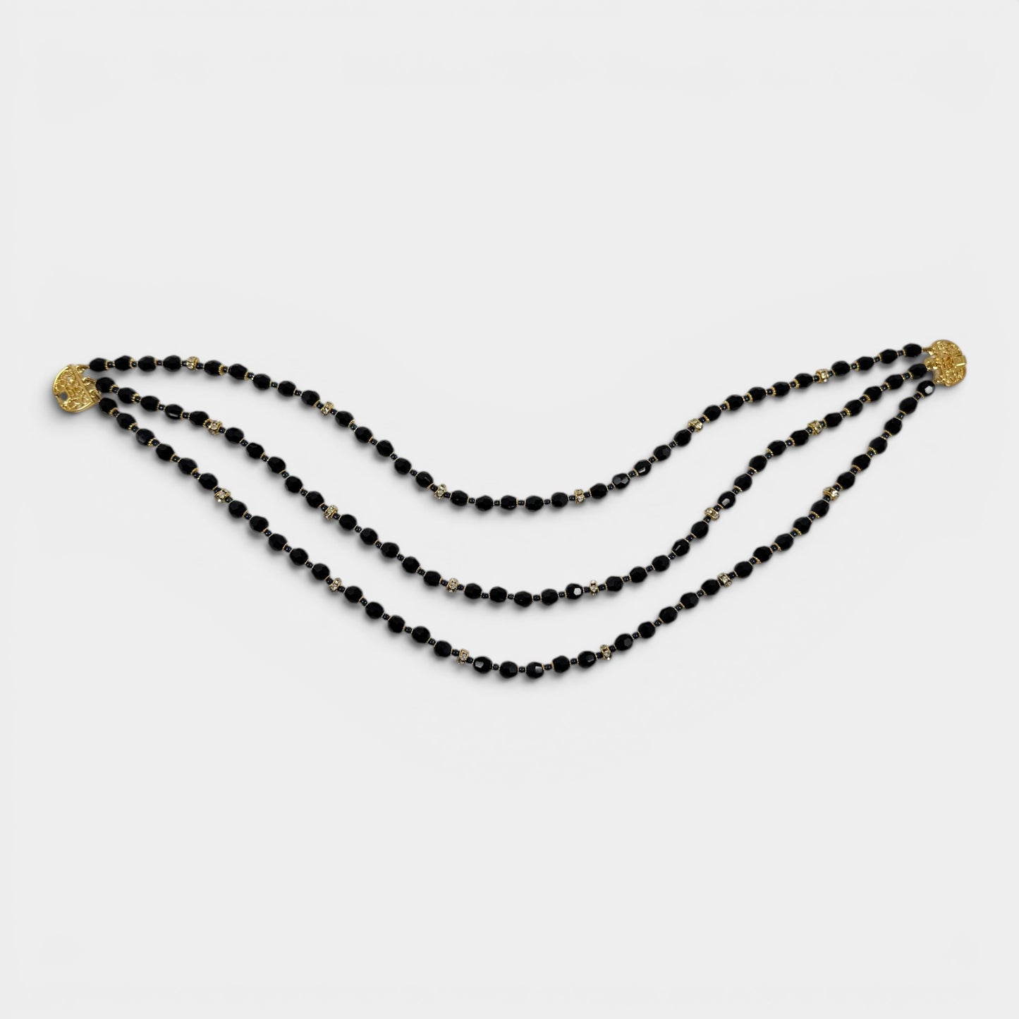 Pierre Balmain Black Crystal Gold Tone Beaded Triple Strand Necklace [Vintage]