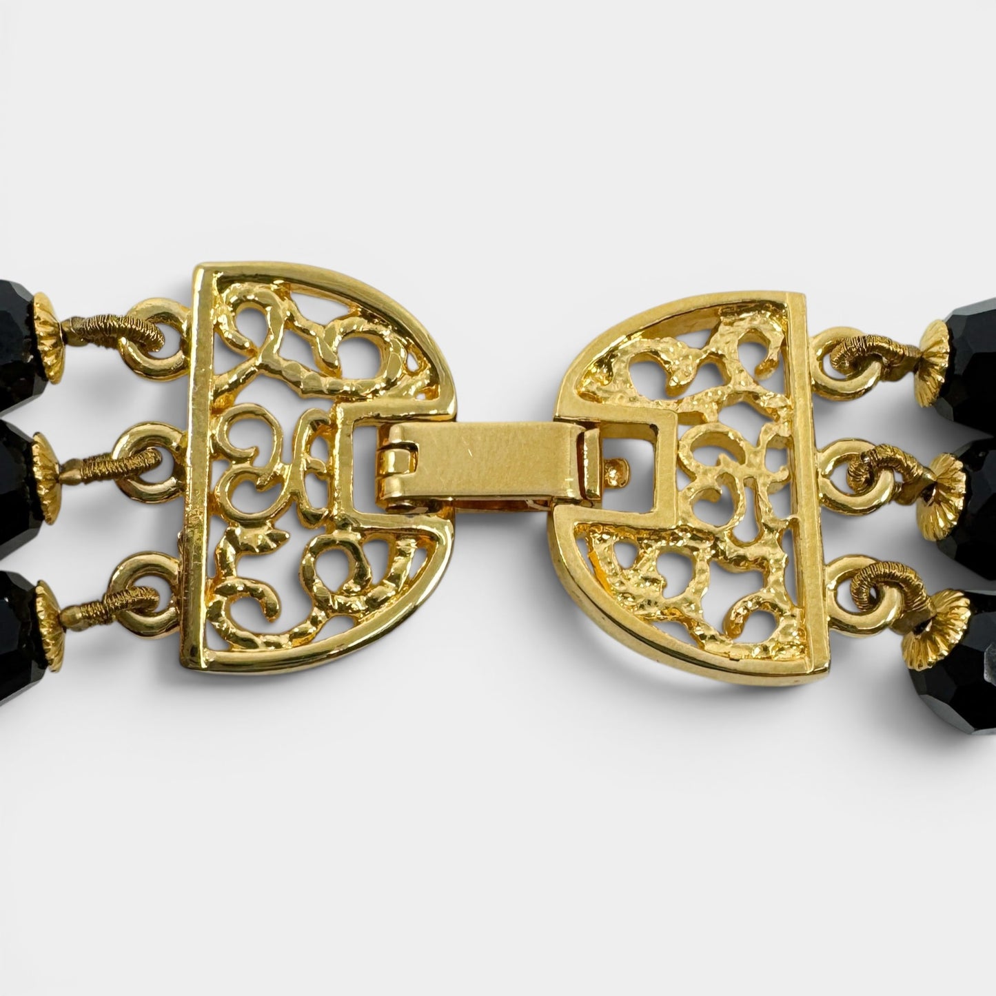 Pierre Balmain Black Crystal Gold Tone Beaded Triple Strand Necklace [Vintage]