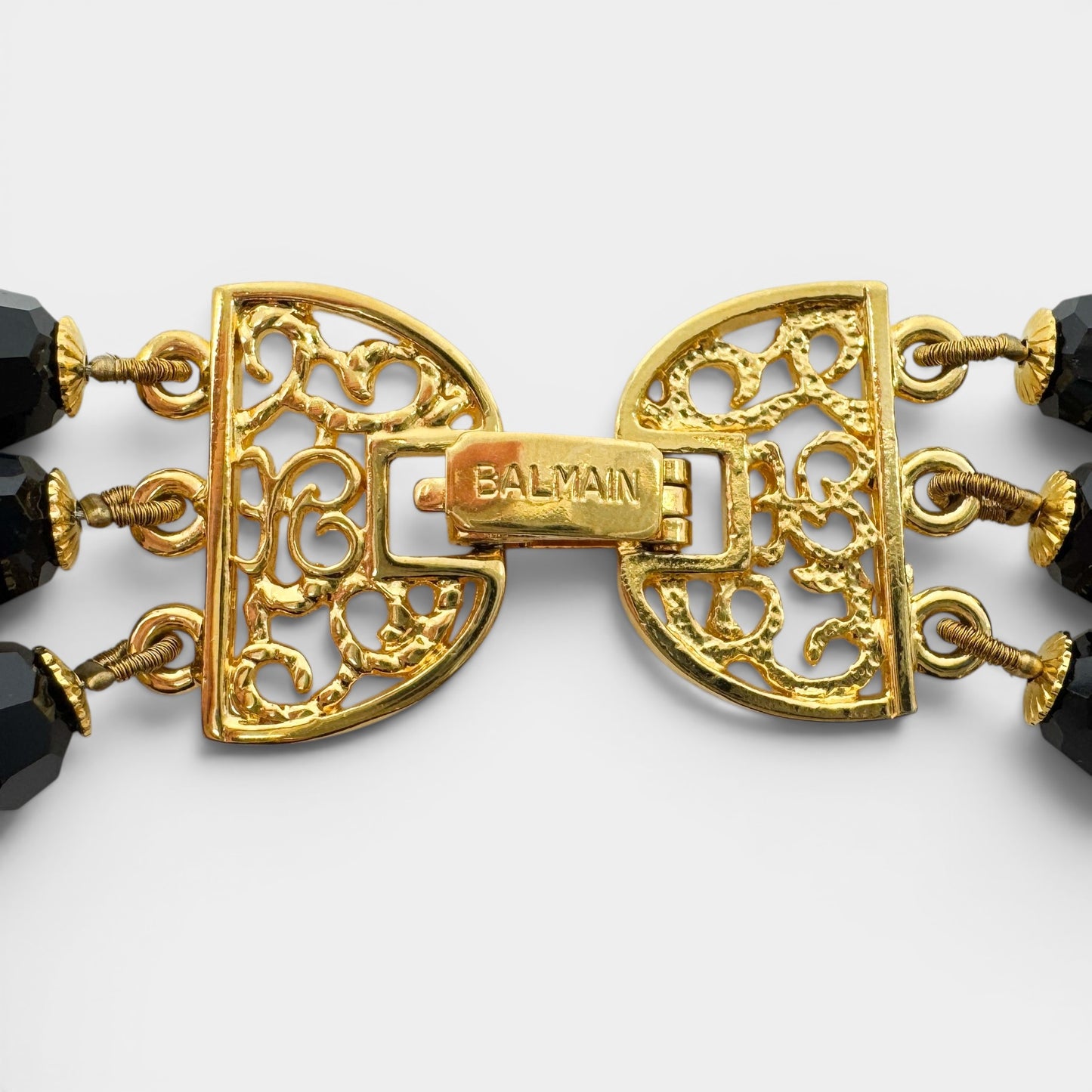 Pierre Balmain Black Crystal Gold Tone Beaded Triple Strand Necklace [Vintage]