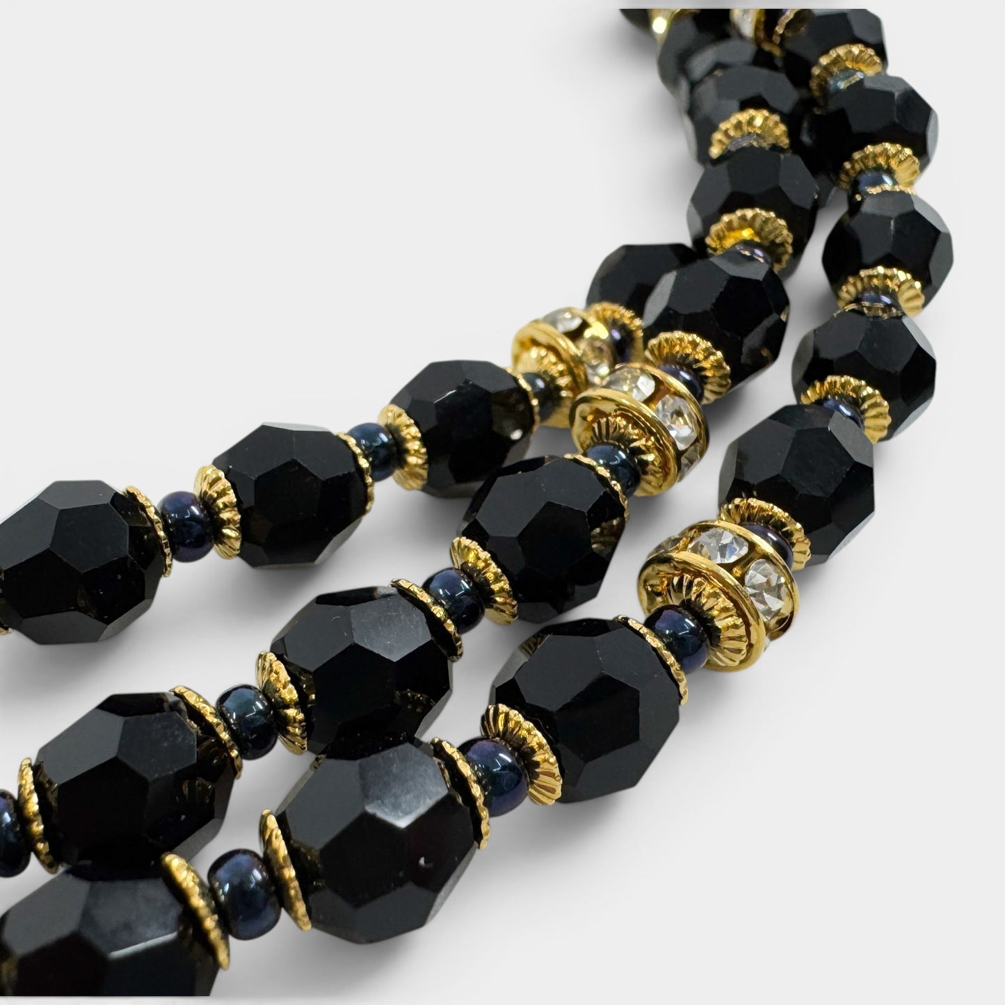 Pierre Balmain Black Crystal Gold Tone Beaded Triple Strand Necklace [Vintage]