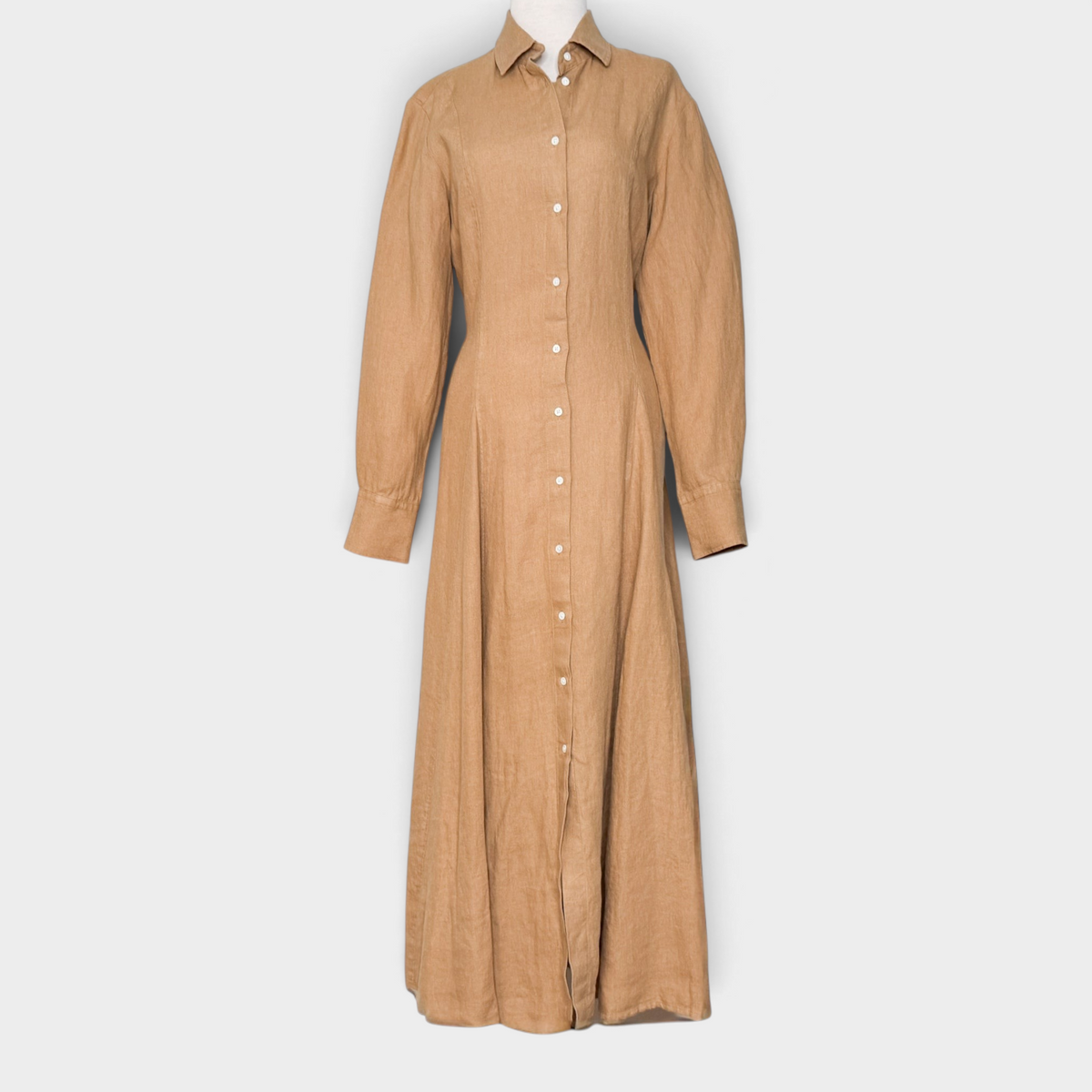 Studio61 Preloved Boutique Sydney camel brown linen shirt dress with long sleeves and button-down front on mannequin
