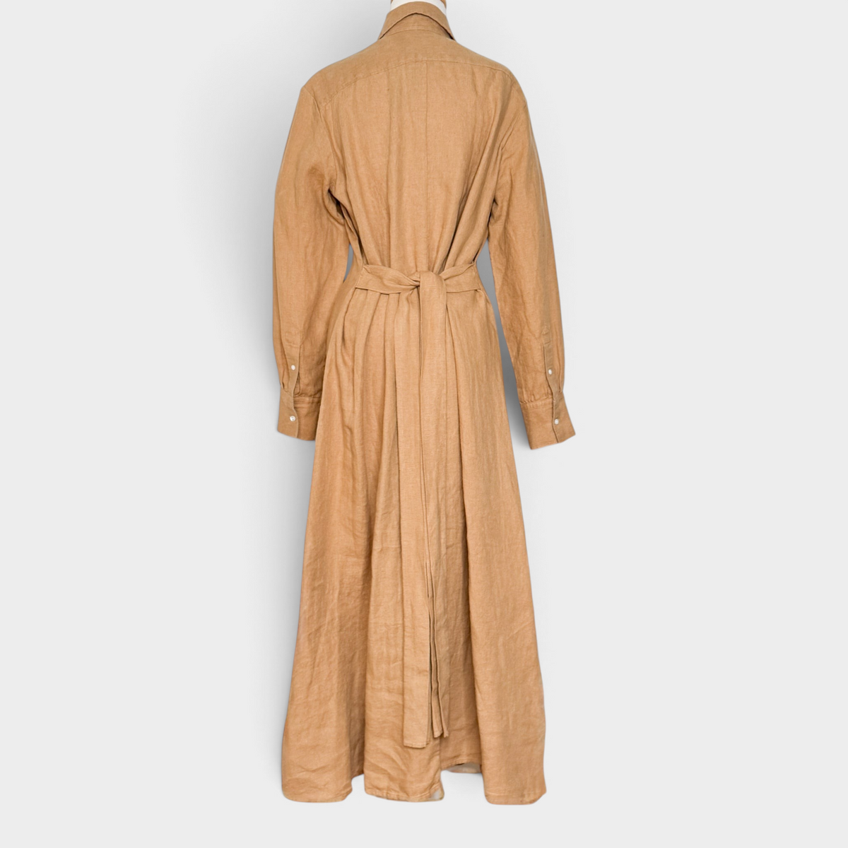Back view of a camel brown Polo Ralph Lauren linen shirt dress with a waist tie, sold by Studio61 Preloved Boutique Sydney