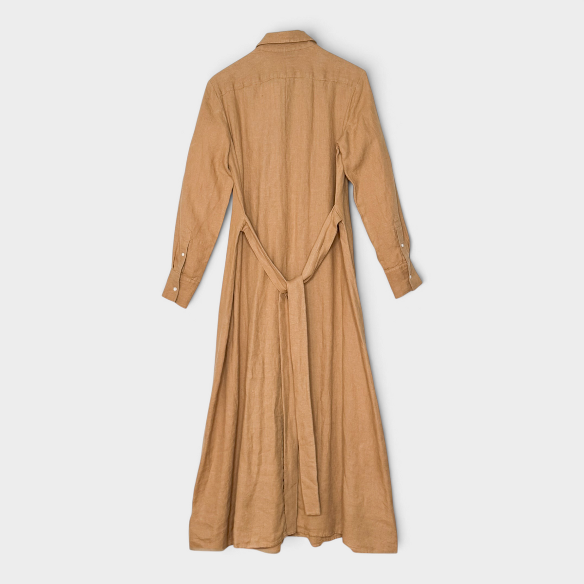 Studio61 Preloved Boutique Sydney camel brown linen shirt dress with long sleeves and a tie waist, back view.