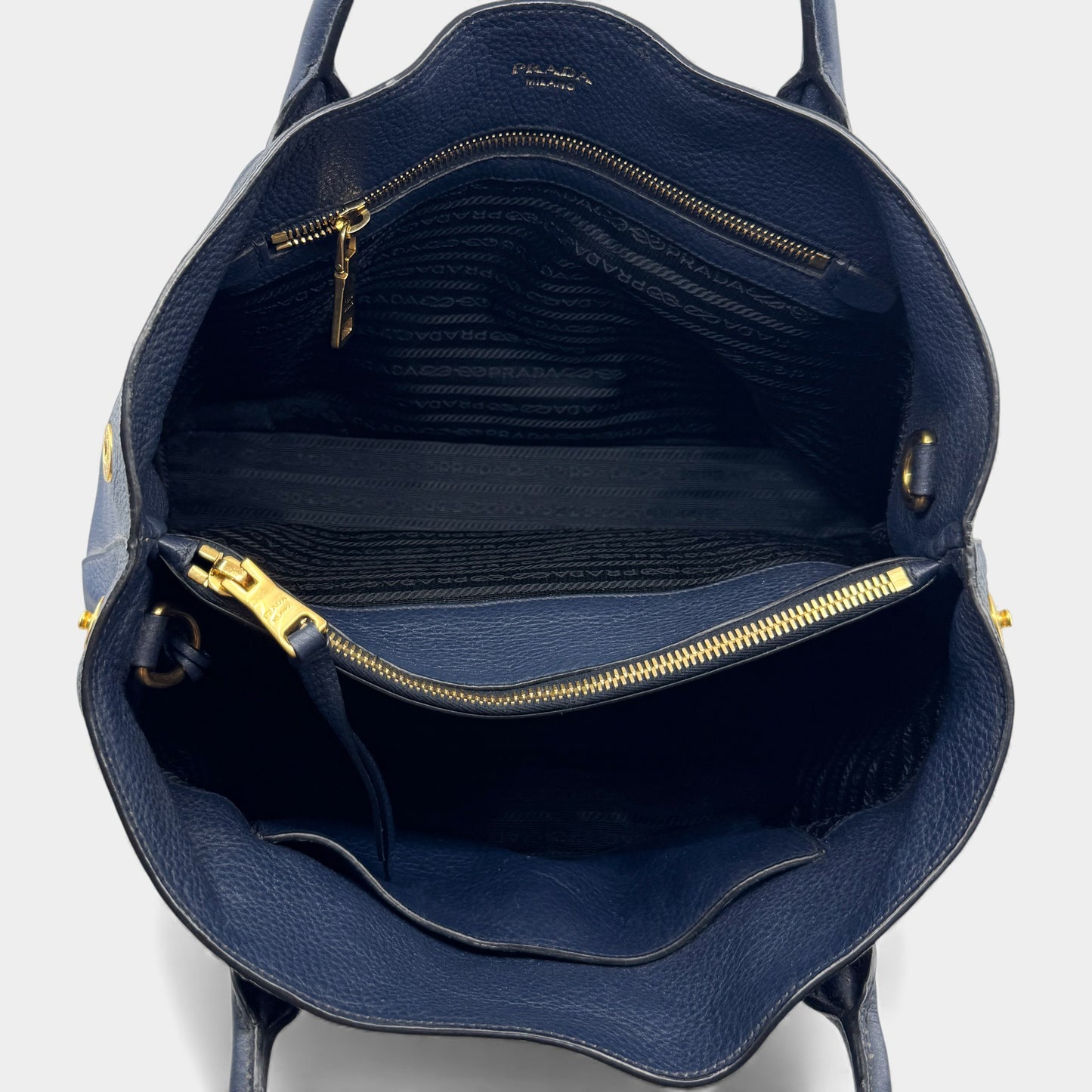 Prada Baltico Blue Vitello Daino Leather Cameo 2-Way Tote Bag