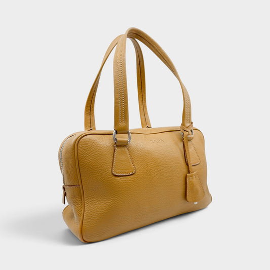 Prada Vitello Daino Mustard Yellow Leather Medium Bauletto Bag