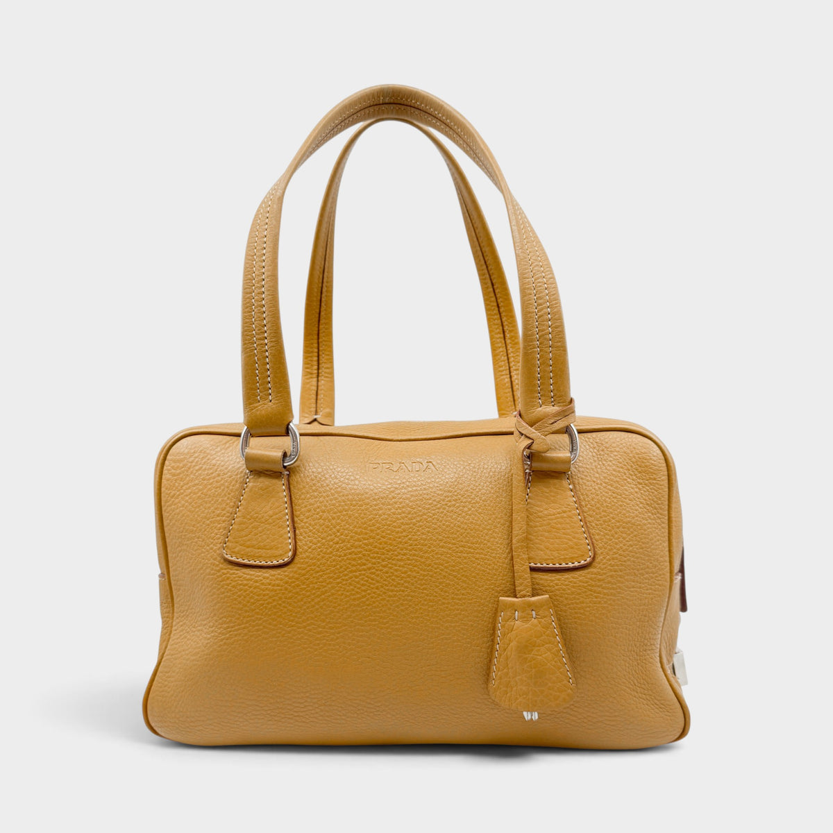 Prada Vitello Daino Mustard Yellow Leather Medium Bauletto Bag