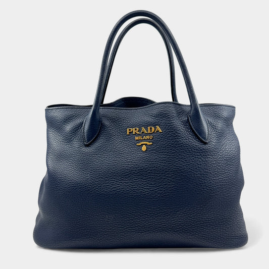 Prada Baltico Blue Vitello Daino Leather Cameo 2-Way Tote Bag