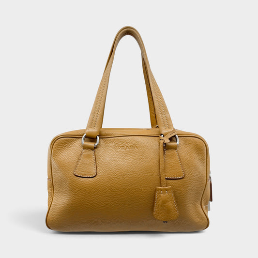 Prada Vitello Daino Mustard Yellow Leather Medium Bauletto Bag