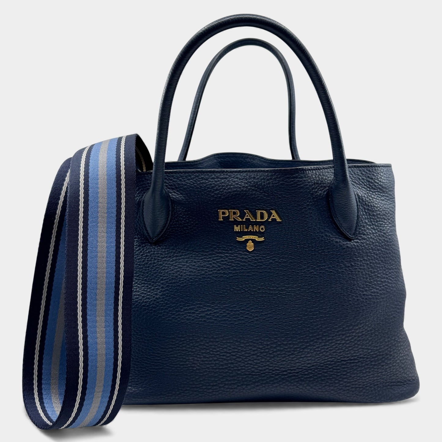 Prada Baltico Blue Vitello Daino Leather Cameo 2-Way Tote Bag