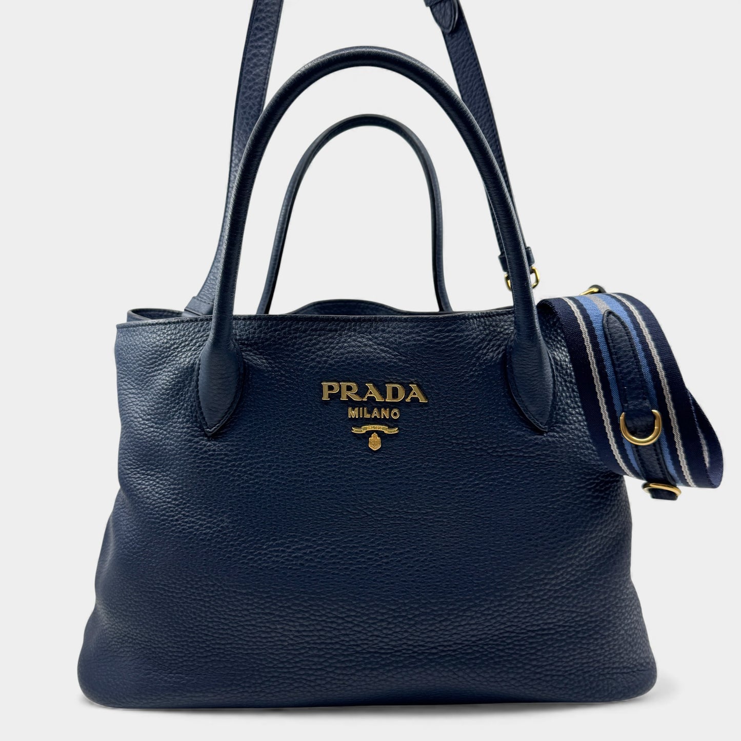 Prada Baltico Blue Vitello Daino Leather Cameo 2-Way Tote Bag