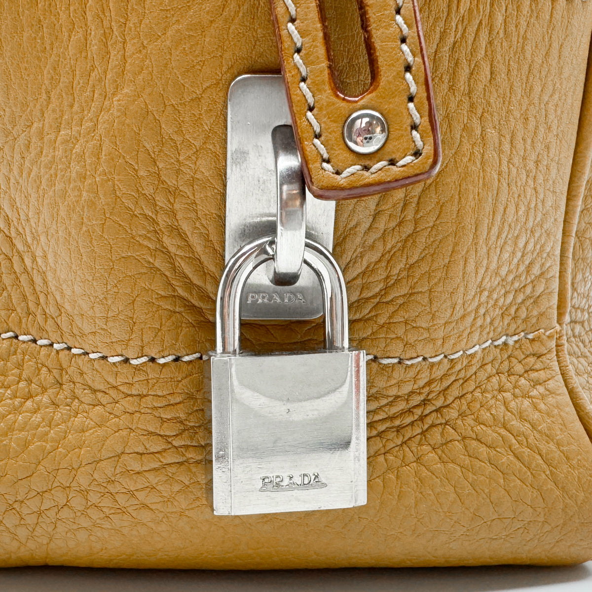 Prada Vitello Daino Mustard Yellow Leather Medium Bauletto Bag
