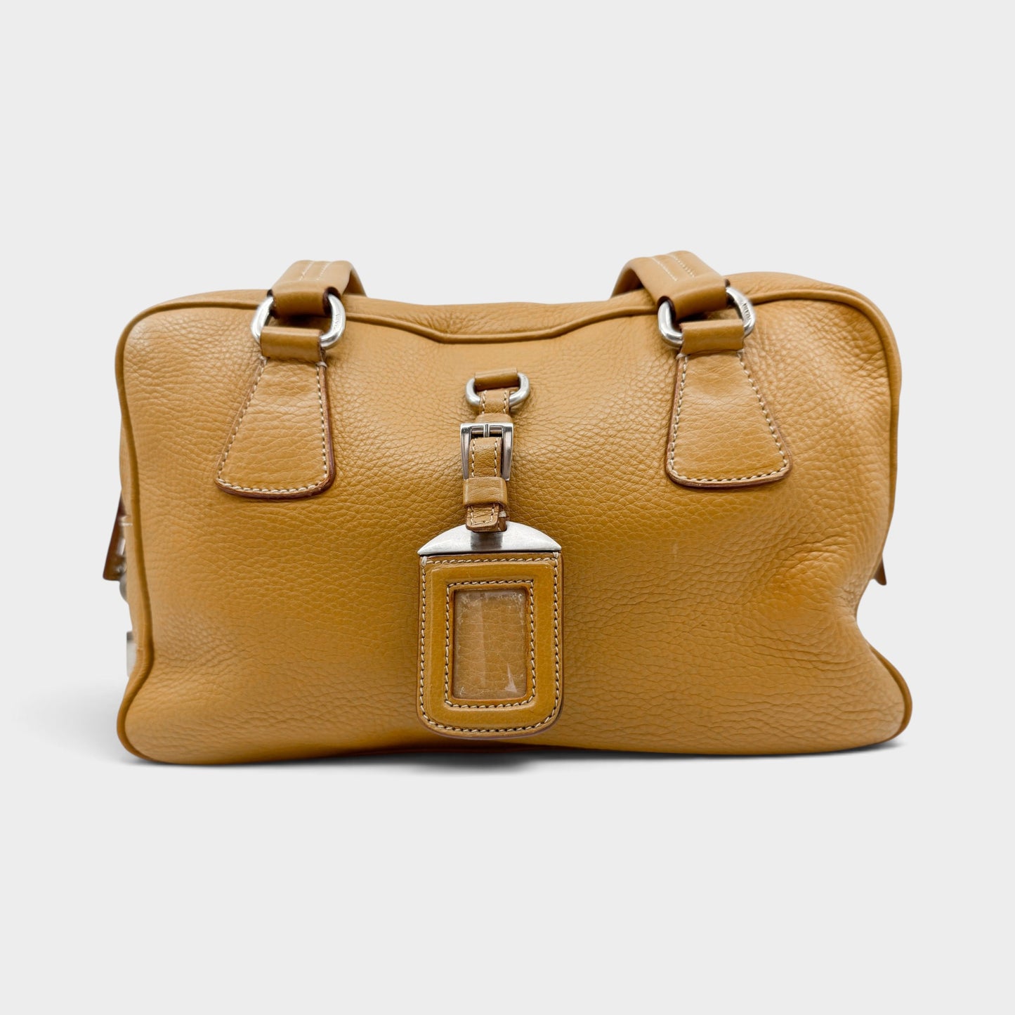 Prada Vitello Daino Mustard Yellow Leather Medium Bauletto Bag