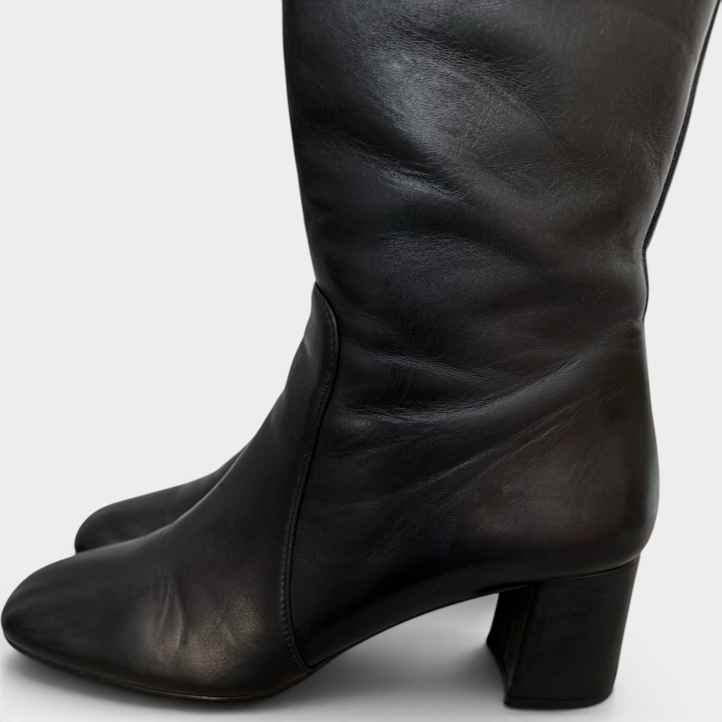 Prada Black Leather Square Toe Tall Heeled Boots EU38.5 ~ AU7.5